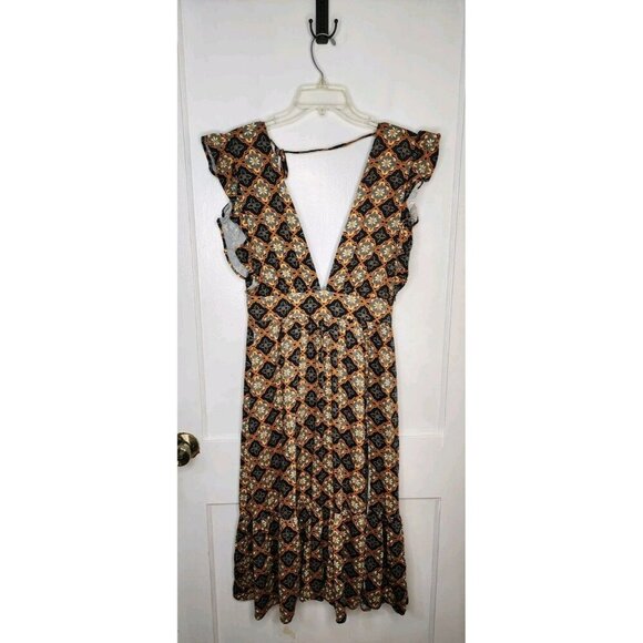NWT Size Medium Olivaceous Dress Mustard / Navy Blue Floral Midi Flutter - Picture 1 of 6